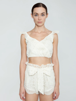 Tao Eyelet Ruffle Crop Top - Cream White