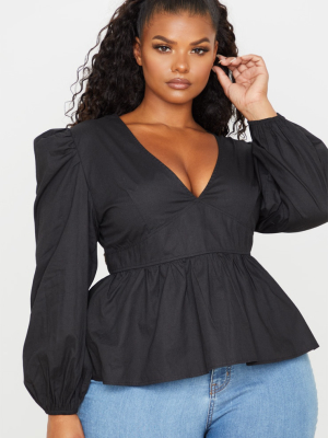 Plus Black Plunge Puff Sleeve Frilled Hem Blouse