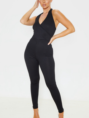 Black Rib Wrap Halterneck Jumpsuit