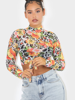 White Mesh Rose Print Long Sleeve Tie Front...