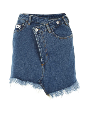 Gcds Asyemmetric Frayed Denim Skirt