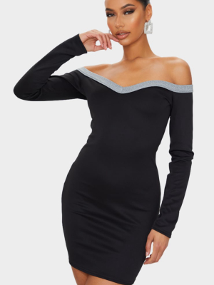 Black Glitter Binding Detail Bardot Bodycon Dress