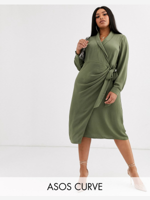 Asos Design Curve Collared Wrap Midi Dress In Khaki