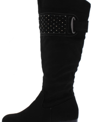 Lydia158 Black Studded Strap Knee High Boot
