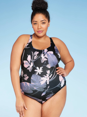 Women's Plus Size One Piece Swimsuit - All In Motion™ Black Floral