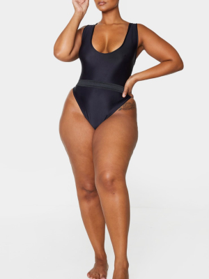 Plus Black Elastic Waist High Leg Swimsuit