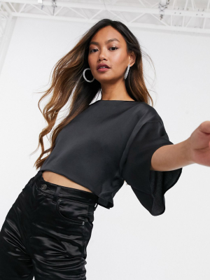 Asos Design Cropped Satin Tee In Black