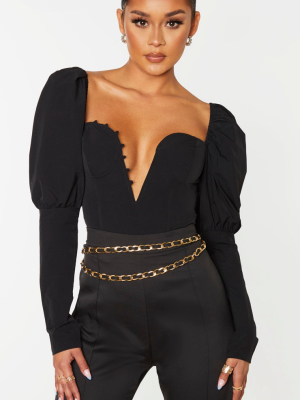 Black Woven Puff Sleeve Button Loop Detail Crop...