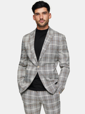 Gray Check Skinny Single Breasted Suit Blazer With Peak Lapels