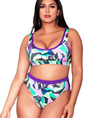 Plus Size Colorful High Waist Crop Bikini Swimsuit - Two Piece Set