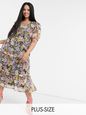 Neon Rose Plus Midi Dress With Tiered Ruffle Skirt And Bow Back In Floral