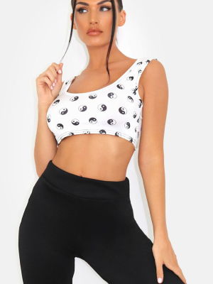 White Ying Yang Printed Cropped Vest