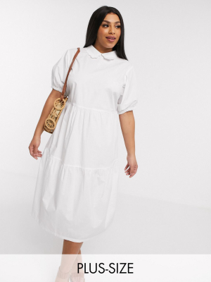 Daisy Street Plus Midaxi Smock Dress With Tiered Skirt And Puff Sleeves In Cotton