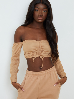 Camel Ruched Detail Bardot Long Sleeve Crop Top