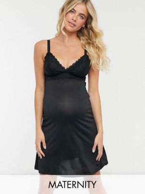 Mamalicious Maternity Night Dress With Nursing Function With Lace Detail In Black