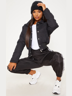 Black Peach Skin Cropped Puffer Jacket