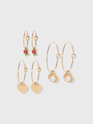 Heart, Pearl And Rose Trio Earring Set 3pc- Wild Fable™ Gold