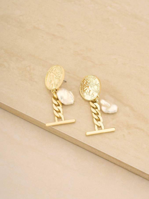 Ancient Coin And Pearl Charm 18k Gold Plated Drop Earrings