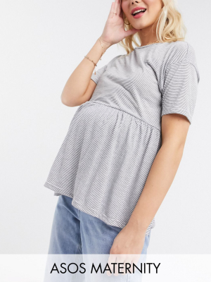 Asos Design Maternity Lightweight Smock In Textured Stripe With Short Sleeve