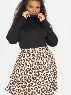 Plus Brown Leopard Print Frill Detail Mini Skirt