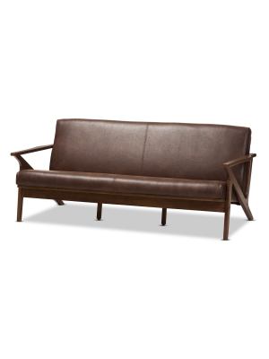 Bianca Mid Modern Walnut Wood Distressed Faux Leather 3 Seater Sofa Dark Brown - Baxton Studio