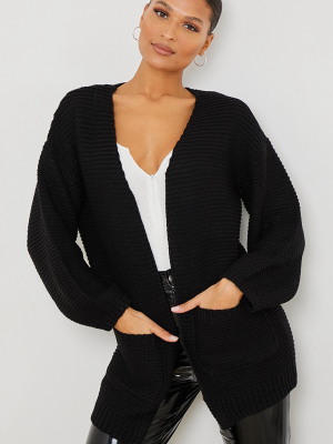 Black Ribbed Pocket Longline Knitted Cardigan