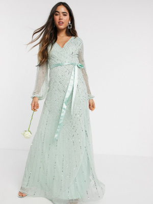 Amelia Rose Bridesmaid Embellished Wrap Maxi Dress In Sage