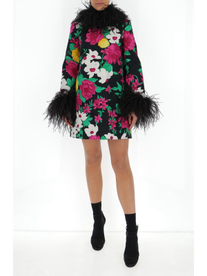 Saint Laurent Feather-trim Floral Mini Dress