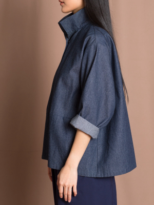 Opaque Button-up Pocket Denim Shirt Jacket - Dark Blue