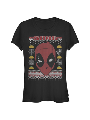 Junior's Marvel Ugly Christmas Deadpool Mask T-shirt