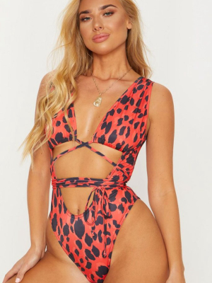 Leopard Ruched Cutout Front Wrap One Piece Swimsuit