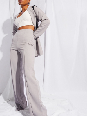 Grey Crepe Seam Front Wide Leg Trousers