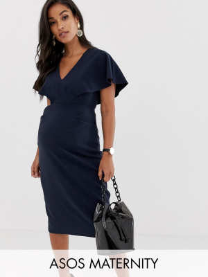 Asos Design Maternity Angel Sleeve Midi Pencil Dress In Navy