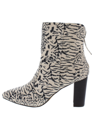 Chilla Snow Leopard Pointed Toe Rear Zip Ankle Boot