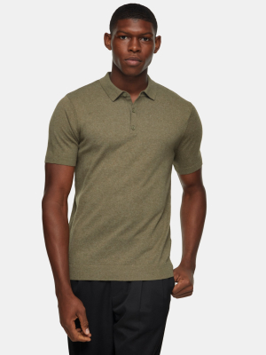 Considered Olive Button Through Knitted Polo