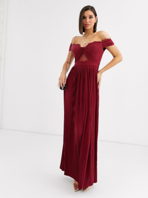 Asos Design Premium Lace And Pleat Off-the-shoulder Maxi Dress In Oxblood
