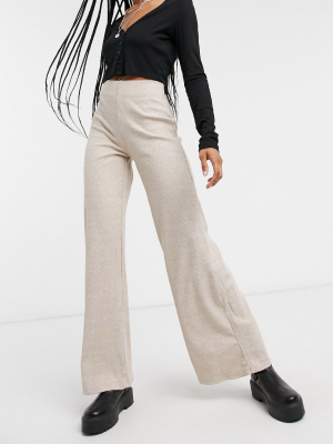 Bershka Ribbed Flare Pants In Ecru