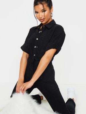 Black Button Front Short Sleeve Cord Jumpsuit