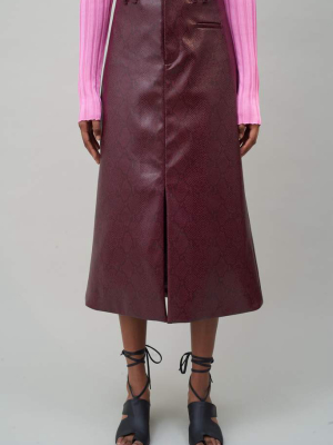 Slit Front Skirt - Burgundy Faux Snakeskin