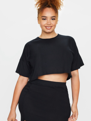 Plus Black Soft Rib Oversized Crop T Shirt