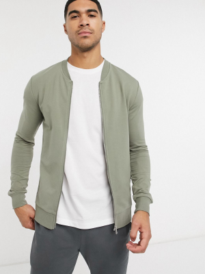 New Look Muscle Fit Jersey Bomber In Khaki