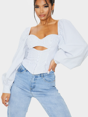 White Woven Pinstripe Cut Out Front Boned Shirt