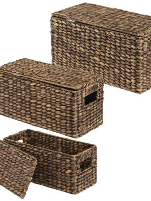 Mdesign Woven Hyacinth Home Storage Basket With Lid, Set Of 3