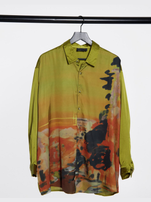 Asos Design Oversized Fit Shirt With Scenic Abstract Print In Satin