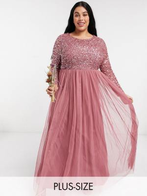 Maya Plus Delicate Sequin Long Sleeve Maxi Dress With Tulle Skirt In Rose