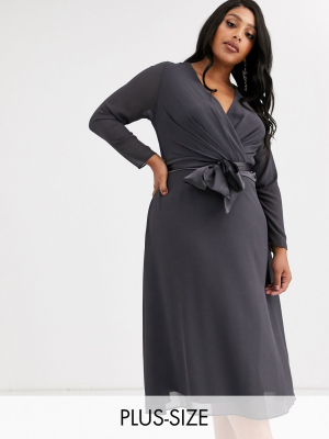 Tfnc Plus Bridesmaid Long Sleeve Bow Back Midi Dress In Gray