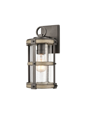 Crenshaw 1-light 14 X 9 X 7 Outdoor Sconce In Anvil Iron And Distressed Antique Gray Wood With Seedy Glass