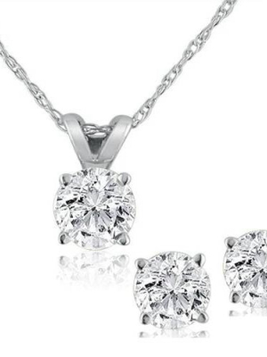 Pompeii3 1/2 Ctw Diamond Solitaire Necklace & Studs Earrings Set 14k White Gold