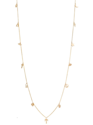 14k Long Midi Bitty Necklace With 13 Mixed Dangling Charms