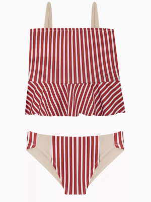 Ada Tankini Bikini Set (kids) - Red & Beige Stripes Print